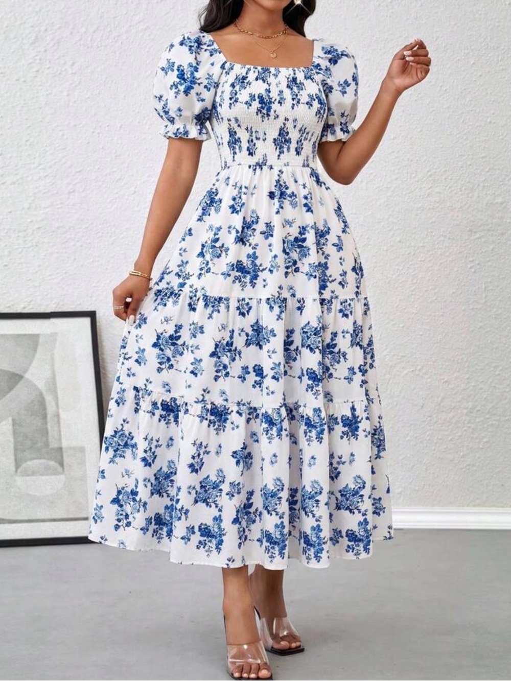 White & Blue Floral Square-Neck Maxi Dress